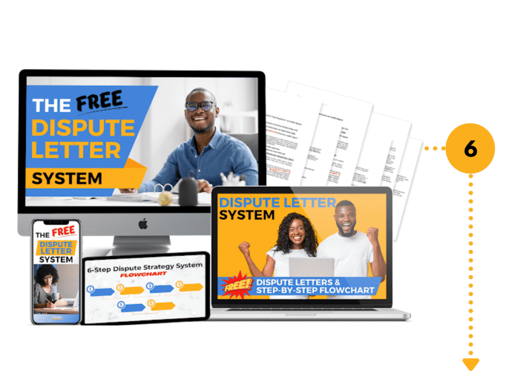 The Free Dispute Letter System displayed on desktop, laptop, tablet, and smartphone, step 6 in the roadmap to start and grow a credit repair business.