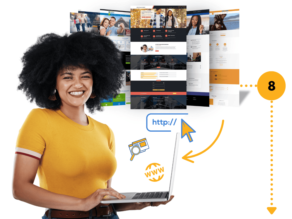 Smiling entrepreneur holding a laptop with website templates in the background, step 8 in the roadmap to build a credit repair business website.