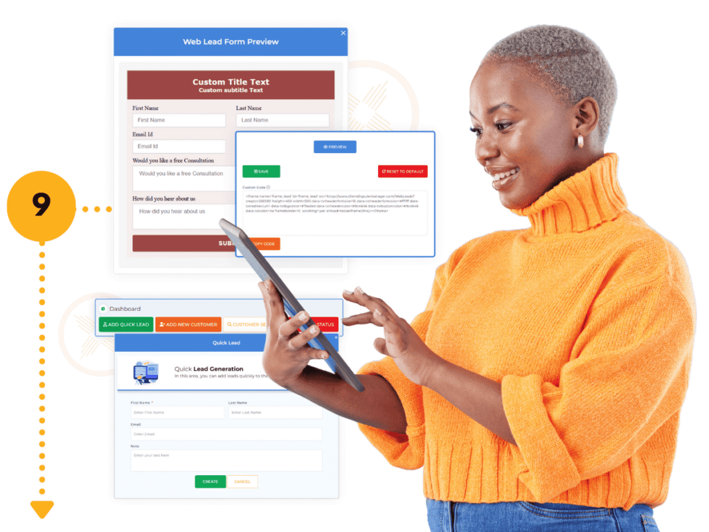Entrepreneur using tablet to set up lead generation and web lead forms, step 9 in the roadmap to grow a credit repair business.