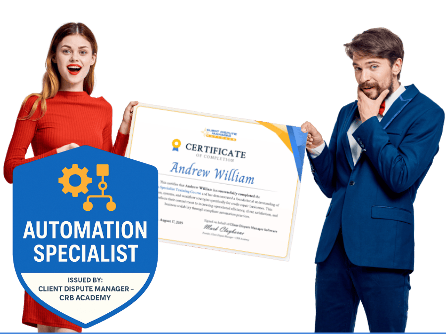 Two students presenting Automation Specialist Certification of Completion from Client Dispute Manager CRB Academy credit repair training course.