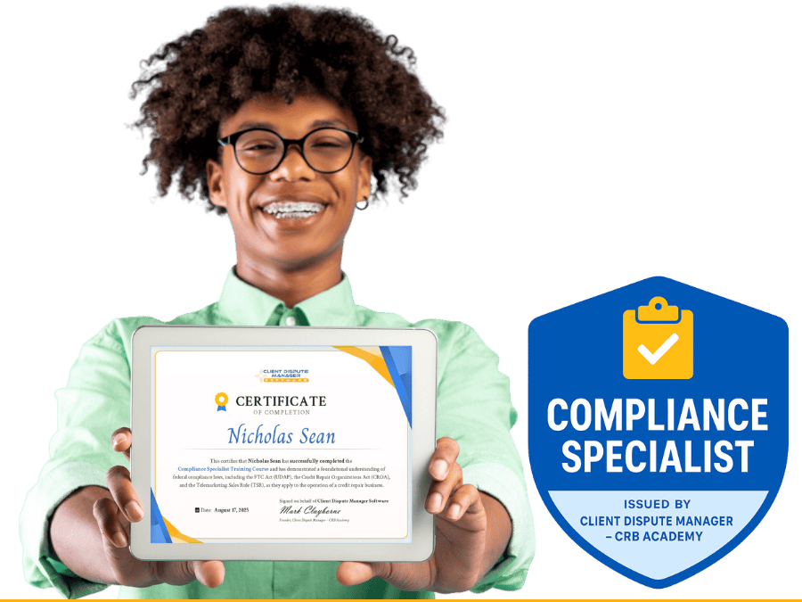 Happy student holding Compliance Specialist Certification of Completion from Client Dispute Manager CRB Academy credit repair training program.