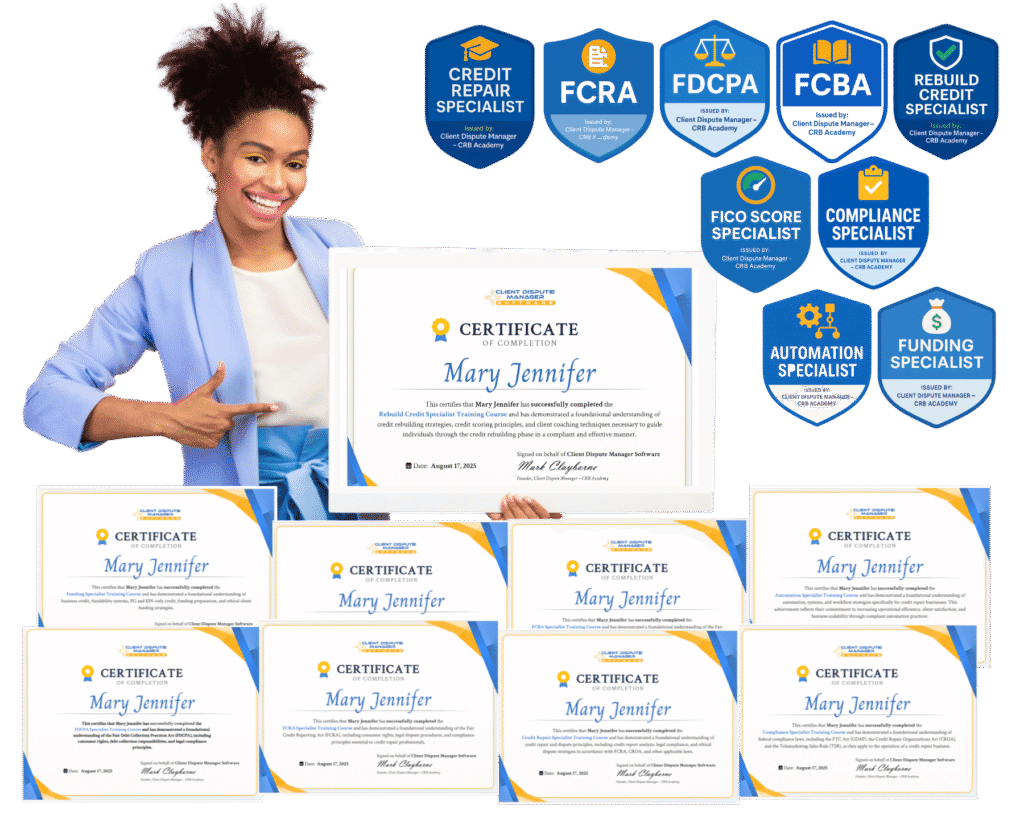 Credit repair business certification program featuring CRB Academy certificates and professional training badges for credit repair specialists, FCRA, FDCPA, FCBA, compliance, funding, automation, and credit score education