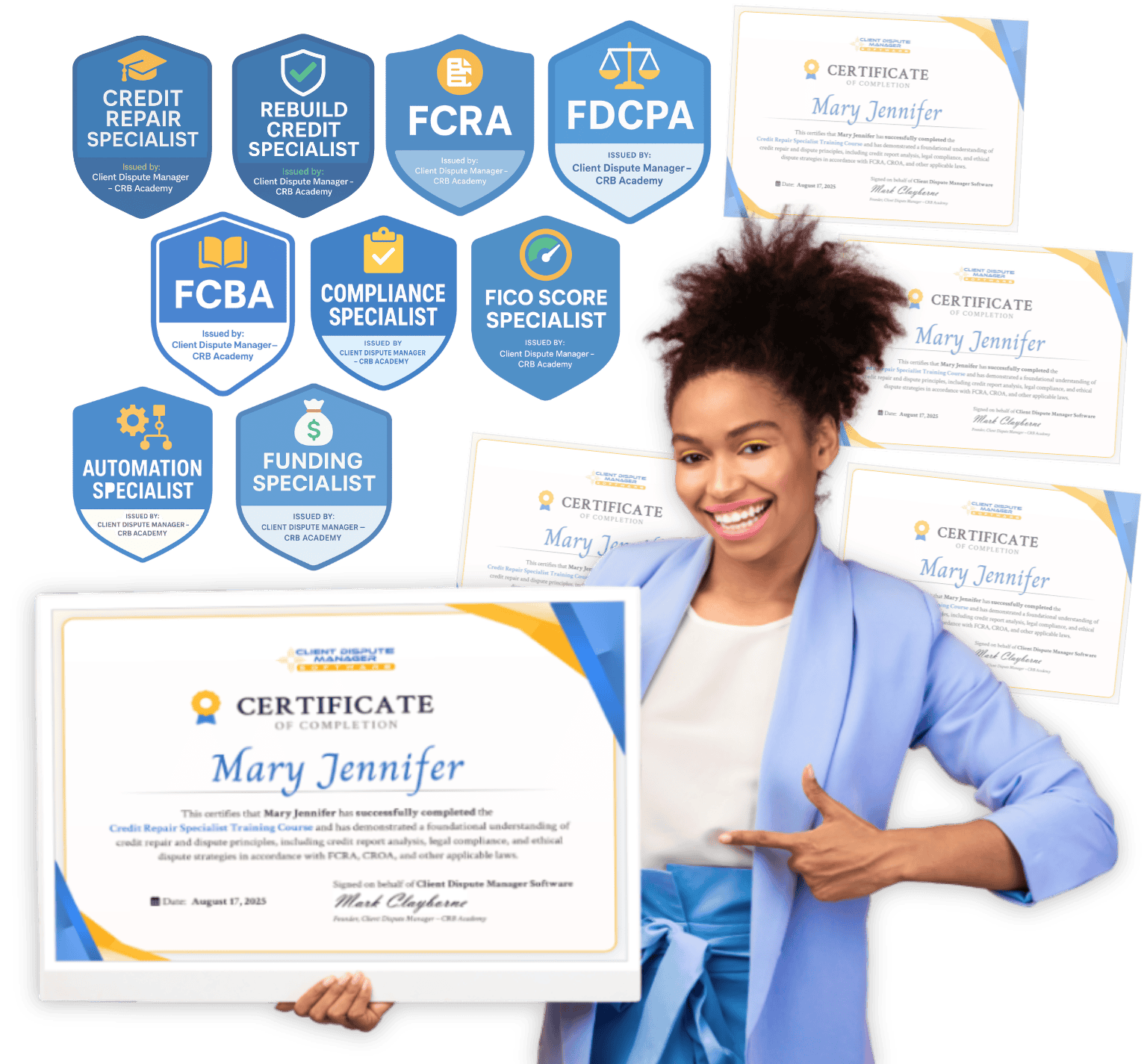 Woman holding a credit repair specialist certificate surrounded by badges from online credit repair certification courses including FCRA, FDCPA, FCBA, and compliance training