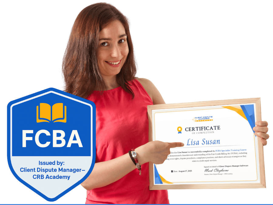 Smiling woman holding FCBA Specialist Certification of Completion from Client Dispute Manager CRB Academy credit repair training course.