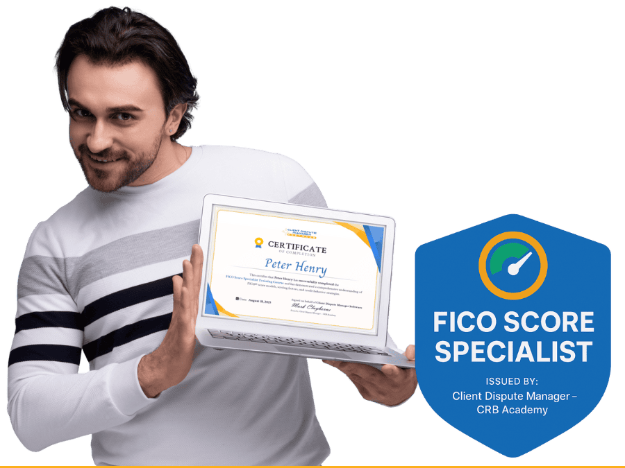 Student proudly displaying FICO Score Specialist Certification from Client Dispute Manager CRB Academy credit repair training course.