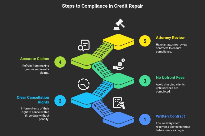 Infographic showing five key compliance steps in credit repair: written contract, clear cancellation rights, no upfront fees, accurate claims, and attorney review for starting a credit repair business.