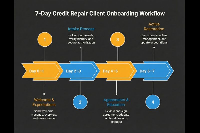 7-day credit repair client onboarding workflow covering intake, agreements, education, and account setup.