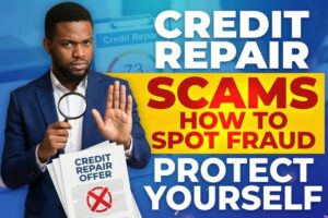 Man holding a magnifying glass and credit repair offer document highlighting credit repair scams and how to spot fraud and protect yourself