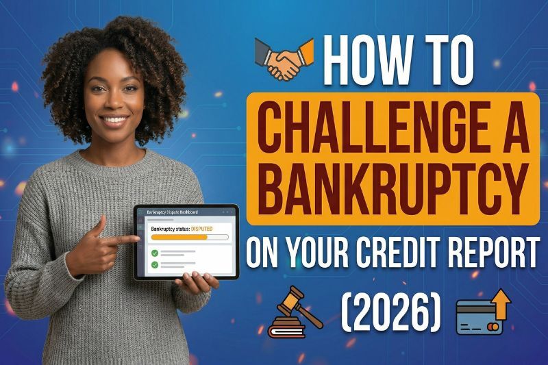 How to challenge a bankruptcy on your credit report in 2026, woman holding tablet showing disputed bankruptcy status, guide to dispute inaccurate items, remove negative items, understand Fair Credit Reporting Act rights, and credit report dispute process