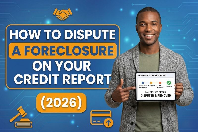 How to dispute a foreclosure on your credit report in 2026, showing a person holding a foreclosure dispute dashboard with status “disputed and removed,” illustrating how to dispute inaccurate items on a credit report, required documents for a credit dispute, Fair Credit Reporting Act rights, and strategies used by credit repair companies to remove negative items and resolve credit report errors across all three major credit bureaus.