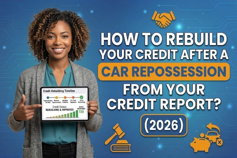 How to rebuild credit after car repossession guide showing woman holding credit rebuilding timeline with tips on improving low credit score, disputing inaccurate items, credit utilization, authorized users, rent reporting, and best financial products for credit repair in 2026