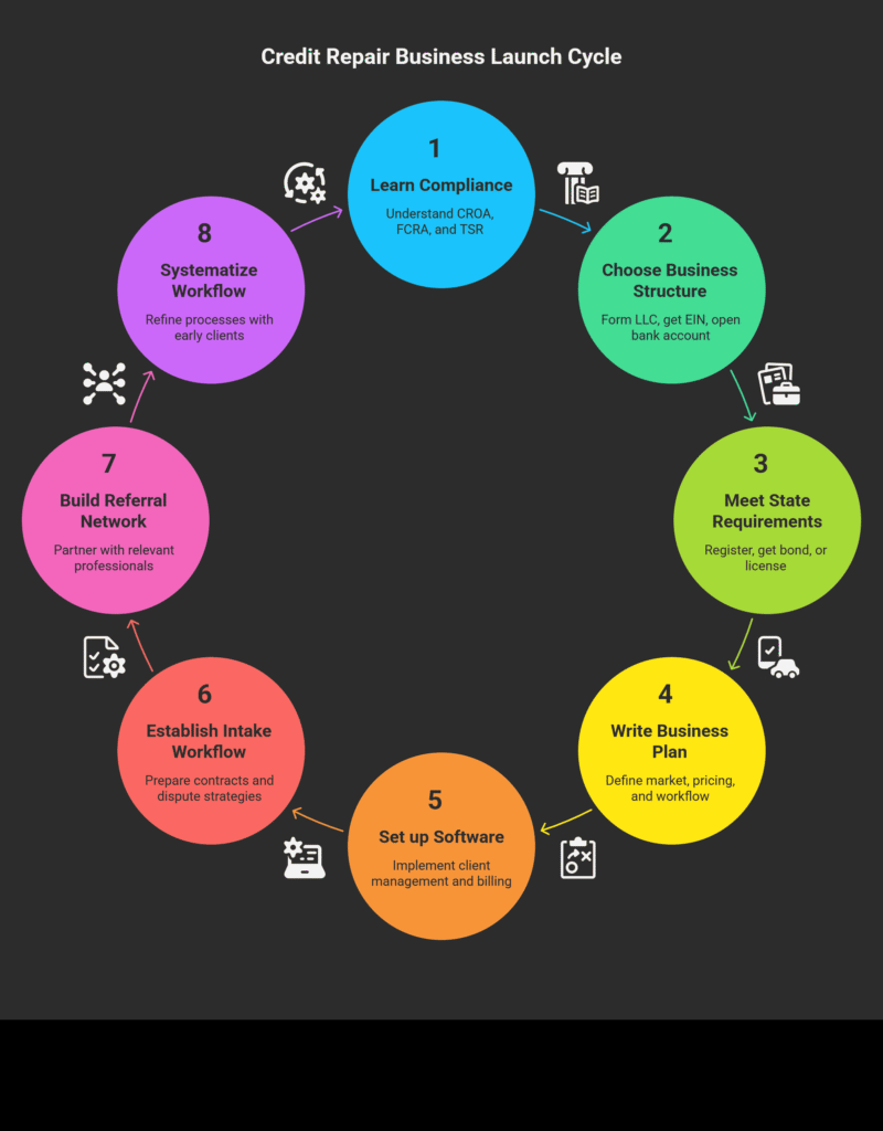How to Start a Credit Repair Business from Scratch (Step-by-Step) Starting a credit repair business from scratch requires completing a defined set of steps in the right order. The entrepreneurs who struggle most are those who either skipped the compliance education step or tried to start taking on clients before their workflow, contracts, and tools were fully in place.