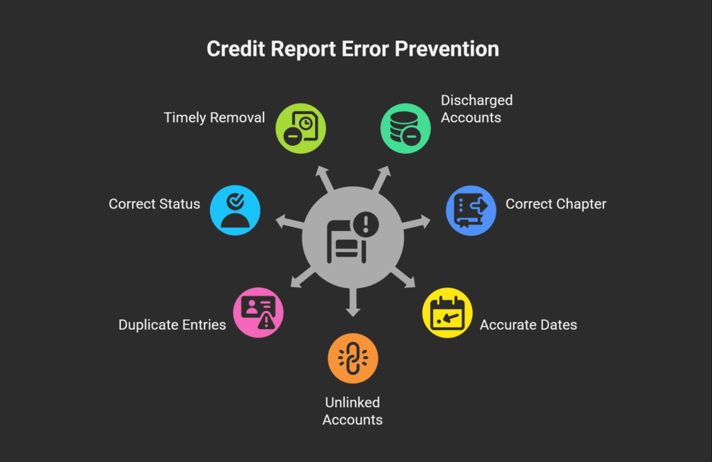 The Most Common Bankruptcy Reporting Errors Bankruptcy entries are some of the most error-prone records on a credit report because the data passes through multiple parties before it reaches the bureau: the court, the trustee, and every creditor whose accounts were included in the filing. Each handoff is an opportunity for the data to be entered late, entered incorrectly, or not updated at all after the discharge is granted. Knowing the most common errors means you know exactly what to look for when you pull your reports.