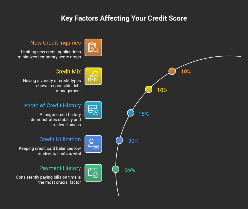 Understanding the factors that influence your credit score is the first step toward improving it. Your credit score isn’t just a random number it’s based on specific data from your credit report. Lenders look at these factors to determine how likely you are to repay your debts. Let’s break down the key components that affect your credit score and how you can optimize them.