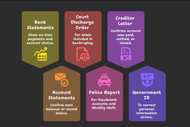 Infographic showing required documents to dispute credit report errors including bank statements creditor letters police reports and government ID