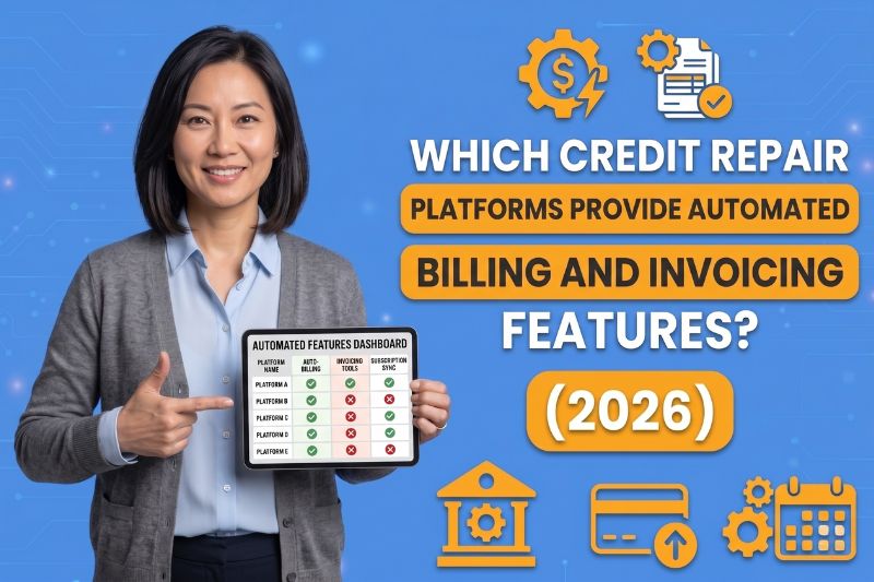 Woman presenting credit repair billing software dashboard showing automated billing, invoicing features, recurring billing, and TSR compliant credit repair payment processing systems for 2026