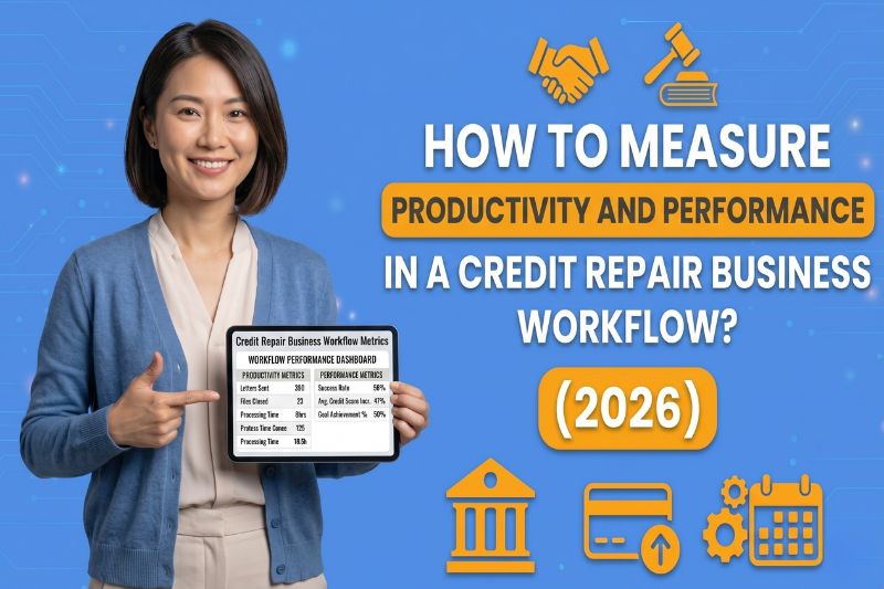 Credit repair business productivity and performance metrics dashboard showing credit repair business KPIs, workflow performance, dispute success rate, team productivity metrics, and software analytics reporting for 2026