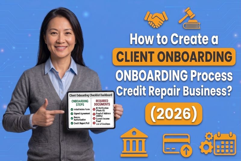 credit repair client onboarding process showing onboarding steps, required documents checklist, and dashboard for how to onboard credit repair clients with CROA compliant intake and e-signature contract setup