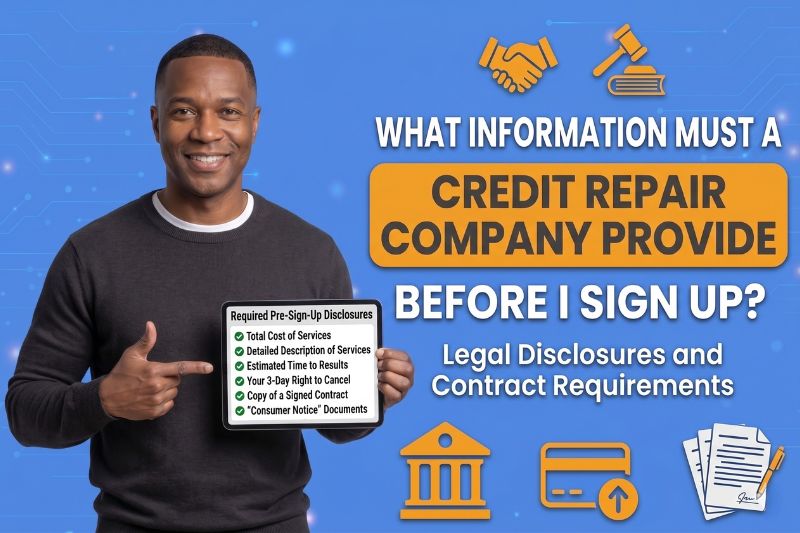 Man holding a checklist showing required credit repair disclosures including total cost, service details, cancellation rights, and contract requirements before signing up
