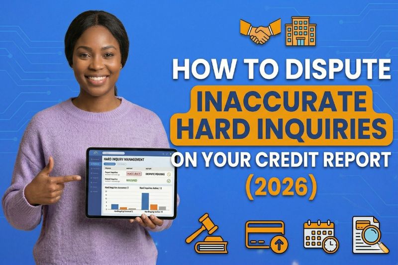 Woman holding tablet showing hard inquiry report dashboard explaining how to dispute inaccurate hard inquiries on a credit report in 2026