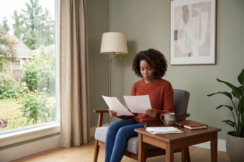 Person organizing documents and reviewing paperwork needed to dispute a credit report error