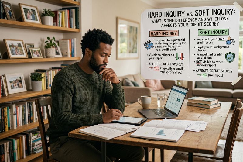 Man reviewing credit report at home with chart explaining hard inquiry vs soft inquiry and how each affects credit score