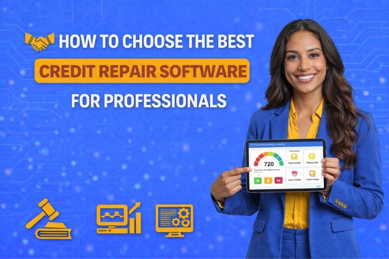 Woman holding tablet showing credit repair software dashboard and score tracking in guide on how to choose the best credit repair software for professionals