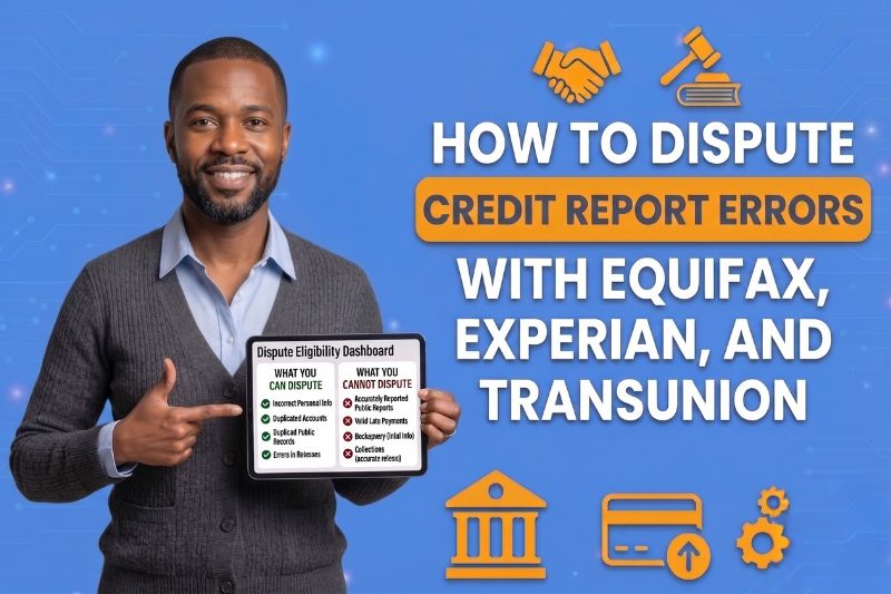 Man holding tablet showing dispute eligibility dashboard explaining how to dispute credit report errors with Equifax Experian and TransUnion