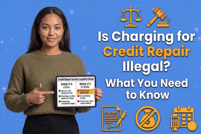 Is charging for credit repair illegal explained with CROA advance fee rules, Telemarketing Sales Rule compliance, legal limits on credit repair company charges, and 3-day right to cancel visual guide