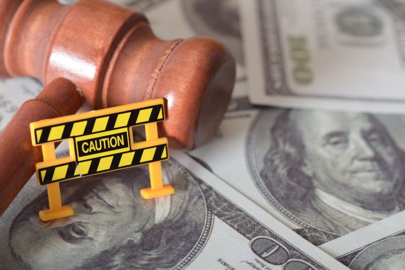 Gavel and caution barrier on cash representing penalties for violating credit repair laws, including fines, legal consequences, and risks for non-compliance with CROA, FCRA, and TSR rules