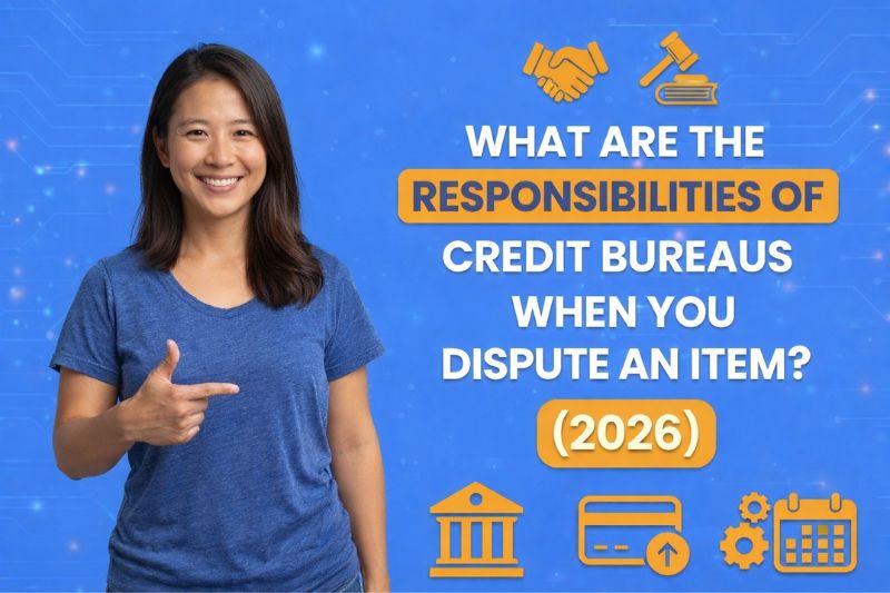 Woman pointing to text about responsibilities of credit bureaus when disputing an item in 2026, highlighting FCRA rules, 30-day investigation requirement, and consumer dispute rights