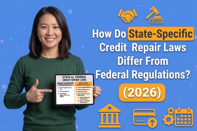 Illustration explaining how state-specific credit repair laws differ from federal regulations, including credit repair laws by state such as Georgia, Texas, California, Florida, North Carolina, Pennsylvania, and Colorado, with details on registration requirements, surety bond rules, and fee caps