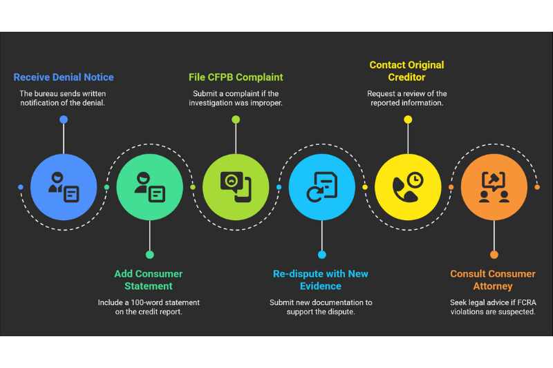 Infographic showing steps to take if a credit dispute is denied including contacting creditor filing CFPB complaint and adding consumer statement