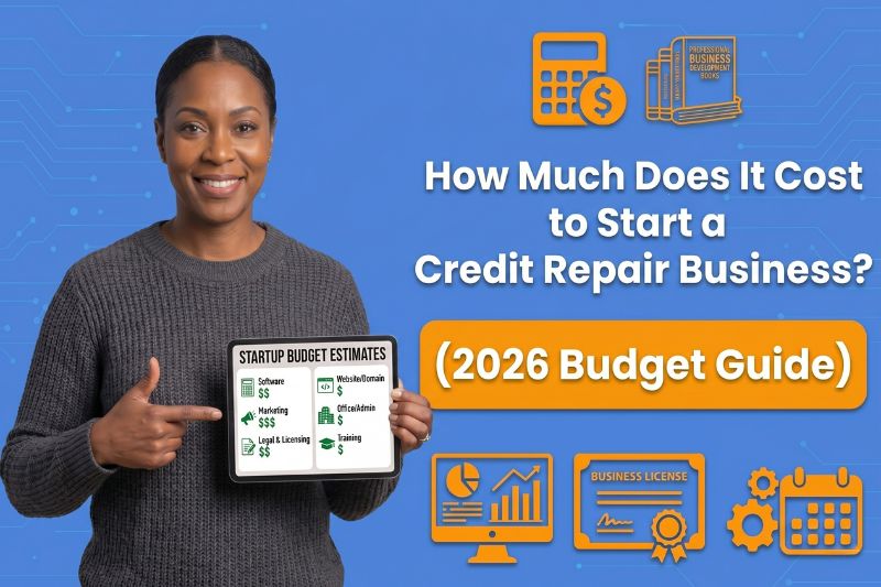 Woman holding a startup budget estimate tablet for a 2026 guide on the cost to start a credit repair business.