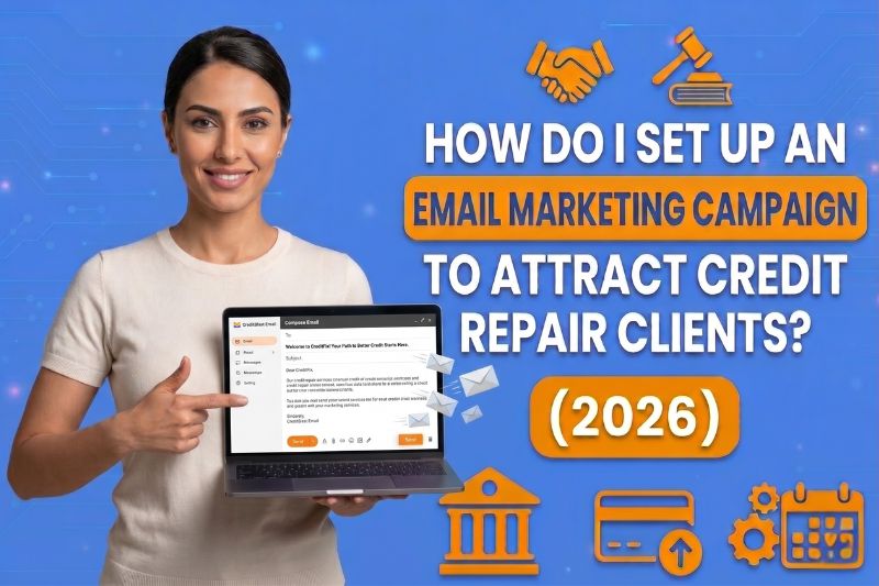 Woman pointing to a laptop screen showing a credit repair email campaign setup, with icons for legal compliance, scheduling, and banking representing key steps to attract credit repair clients in 2026