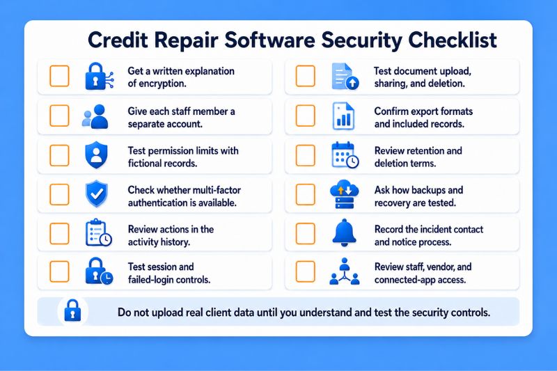 Credit repair data security checklist covering encryption, staff access, permissions, backups, and document controls.