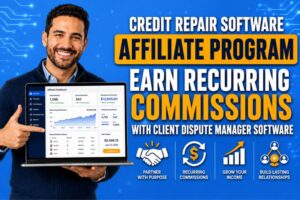 Credit repair software affiliate program showing a partner dashboard with referrals, recurring commissions, payouts, conversions, and Client Dispute Manager Software.