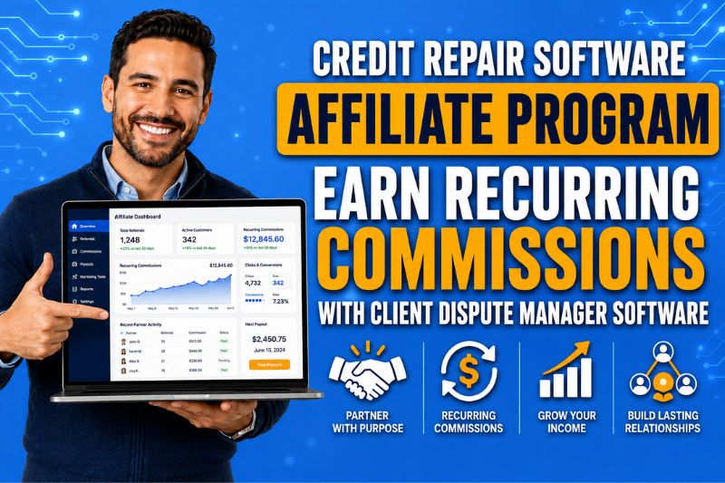 Credit repair software affiliate program showing a partner dashboard with referrals, recurring commissions, payouts, conversions, and Client Dispute Manager Software.