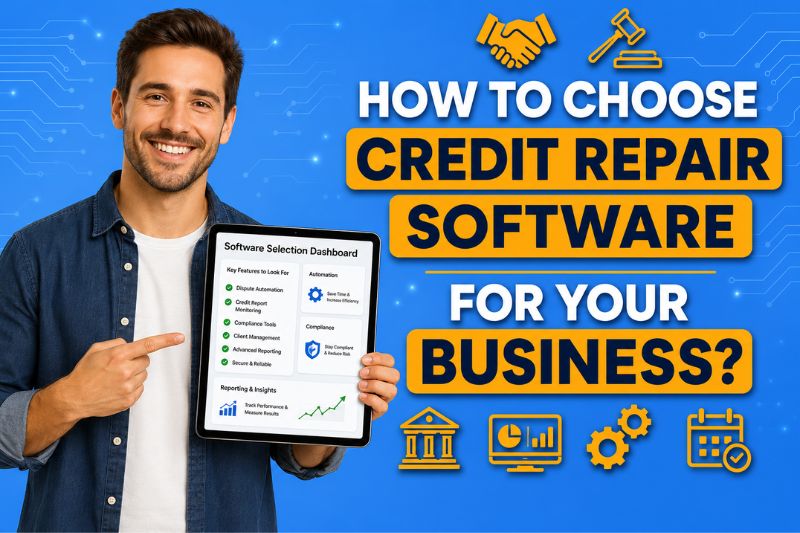 How to choose credit repair software for your business, showing a business owner reviewing credit repair software features, automation, compliance tools, client management, and reporting