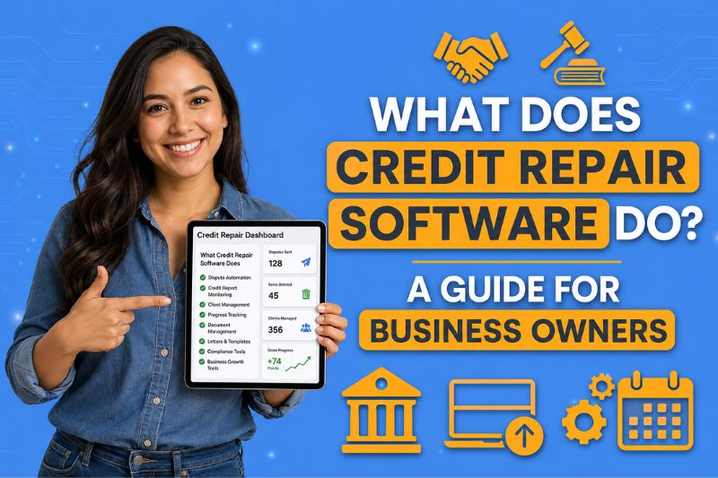 What does credit repair software do for business owners, including client management, credit dispute software, CRM, and report tracking